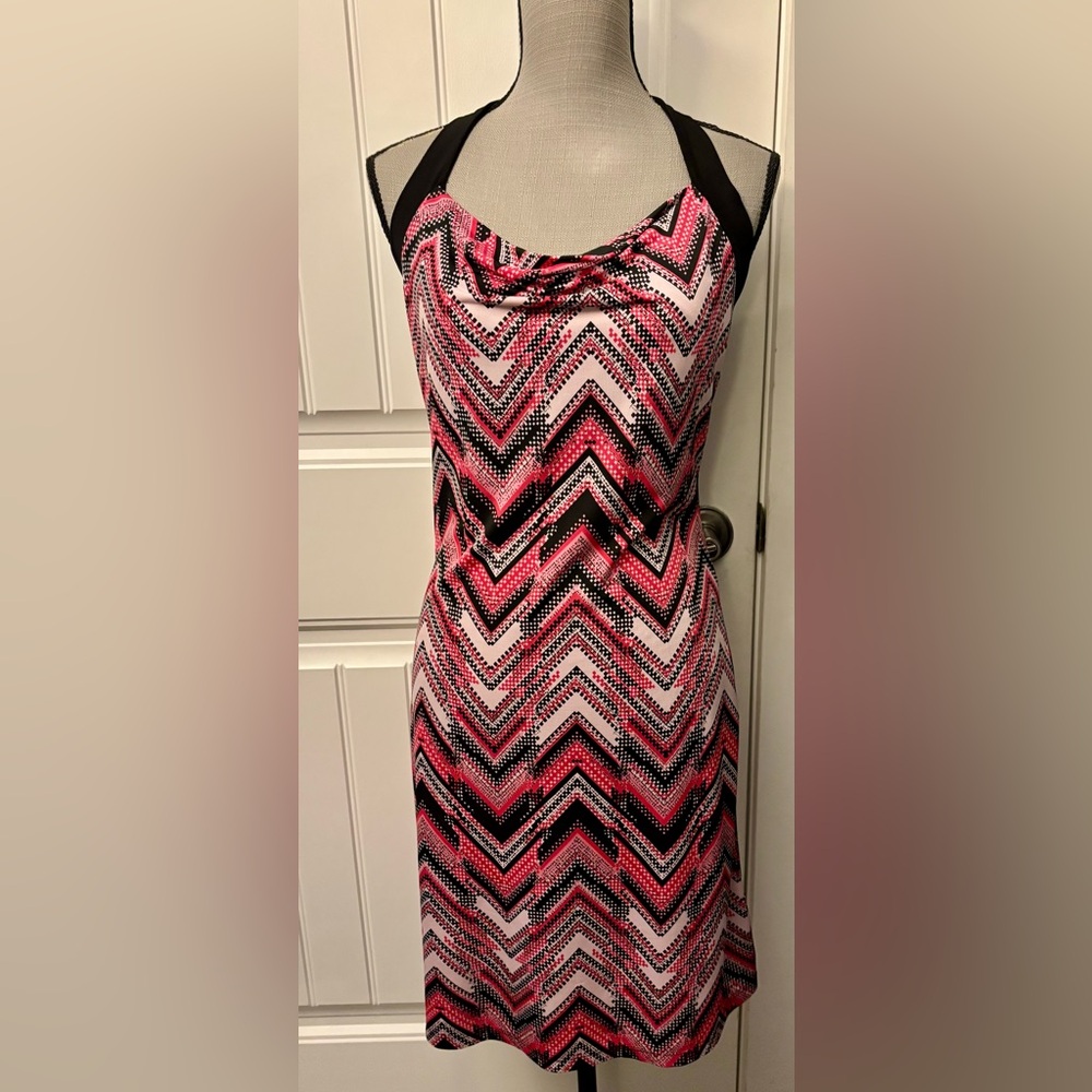 Retro pink, red and black halter neck dress with open back